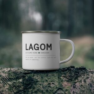 Lagom Definition Enamel Mug - Swedish Camping Mug, Scandinavian Coffee Cup, Nordic Design Mug, Scandinavian Gift, Nordic Culture